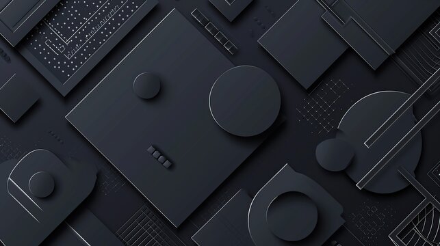 Minimalist Dark Grey Geometric Abstract Background with 3D Layers, Squares, Circles, and Grid Elements for Corporate Technology Banner, Modern Website Header, and Professional Digital Wallpaper