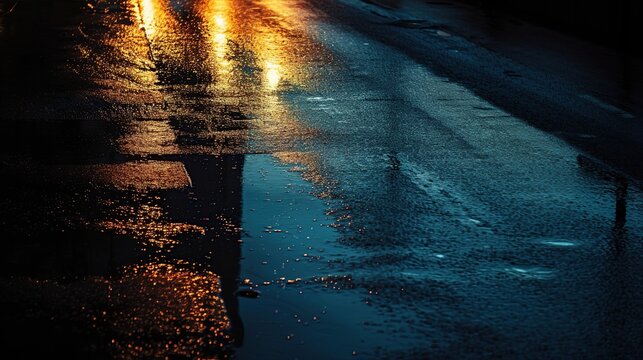 Cinematic night view of wet asphalt street with golden and blue light reflections on puddles after rain, urban road texture background for atmosphere and moody city concept