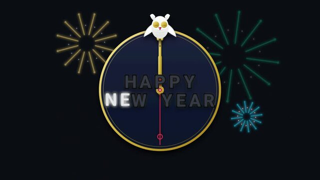 Happy New Year countdown clock with festive fireworks and cute owl animation