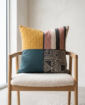 Handmade patchwork throw pillow with quilted, embroidered and woven panels on a modern wooden armchair for contemporary home decor and textile design