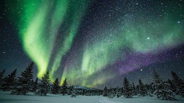 Spectacular Aurora Borealis dances across a star-filled night sky over a snowy forest