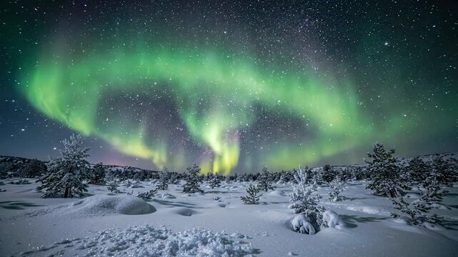 Spectacular Aurora Borealis over a snow-covered landscape with pine trees under a starry night sky