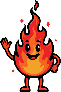 Create on Running fire flame character illustration in retro style white Background.