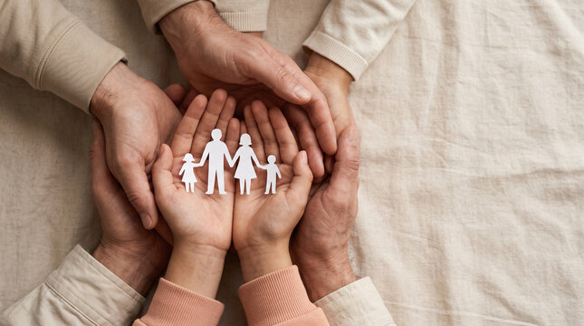 Family care concept, parents and children paper cutout in hands, emotional security, supportive relationships, compassion, togetherness, family psychology