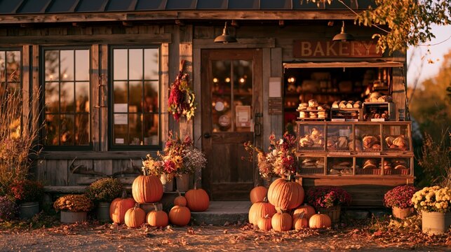 a sign reading BAKERY is set against a backdrop of autumnal foliage. The bakerys entrance is adorned with a wreath of red and yellow flowers and a display case filled with freshly baked goods.