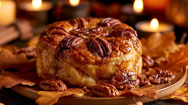 a freshly baked cinnamon bun with a goldenbrown glaze, topped with pecans. The bun sits on a plate surrounded by autumn leaves in various shades of orange, yellow, and brown.