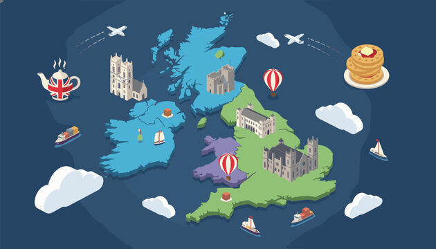 Colorful illustrated map of the United Kingdom and Ireland featuring historic castles, landmarks, and cultural icons.