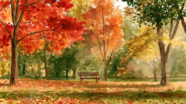 a serene autumn park scene. A wooden bench sits in the foreground, surrounded by trees displaying vibrant red, orange, and yellow leaves.
