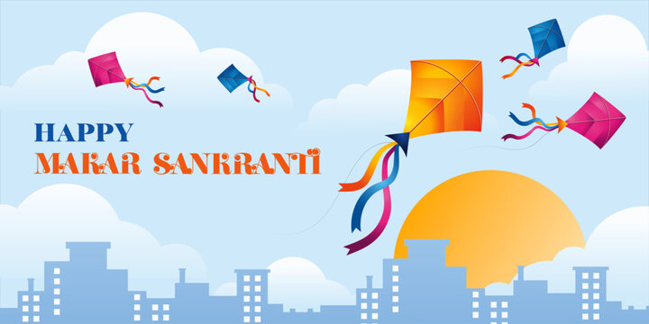 A bright Makar Sankranti greeting features flying kites, clouds and a sunny skyline. Use it for holiday advertising, invitations and website headers.