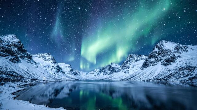 Spectacular Aurora Borealis Over Snow-Capped Mountains Reflected in a Calm Lake