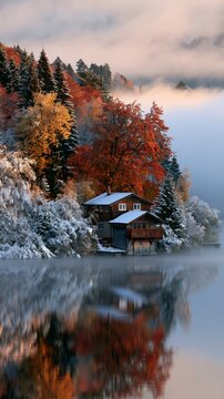 a tranquil lakeside scene during autumn. A rustic wooden house with a sloping roof is nestled among snowcovered trees. The trees display vibrant autumnal colors deep reds, oranges, and yellows.