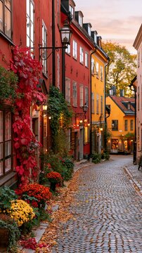 a cobblestone street in a European town during autumn. The main subject is a row of colorful buildings, each with a distinct architectural style and color palette. The buildings are painted red.