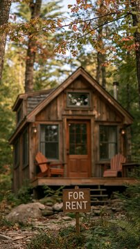 a rustic wooden cabin nestled in a dense forest during autumn. The cabin has a slanted roof, large windows, and a wooden door. Adirondack chairs are placed on the porch.
