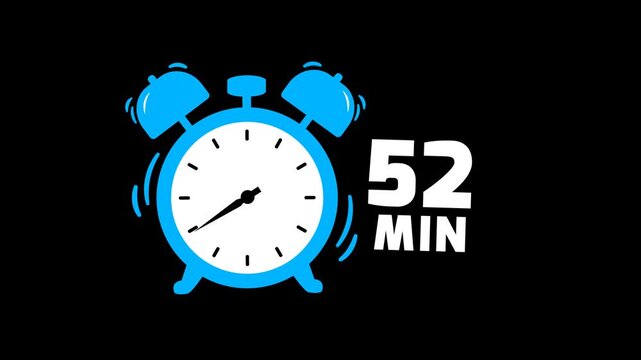 52 min timer animation on transparent background with alpha channel. Timer, clock, alarm clock icon with 52 minute timer animation video. 52 minutes clock. 4k video