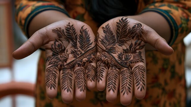 Close up of hands adorned with intricate henna designs  showcasing traditional leaf and floral patterns in warm tones