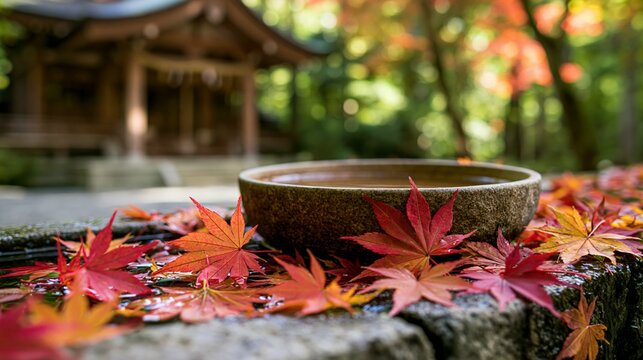 a traditional Japanese temple in the background. A stone bowl filled with water sits on a stone ledge, surrounded by vibrant red and orange maple leaves. The scene is bathed in soft, golden light.