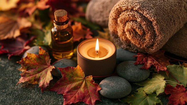 a lit candle, a rolledup, textured brown towel, and a bottle of ambercolored essential oil. Surrounding the candle are vibrant autumn leaves in red, orange, and yellow hues.