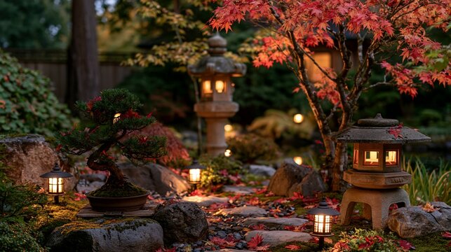 a serene Japanese garden at twilight. The main subject is a bonsai tree in a pot, illuminated by lanterns that cast a warm glow on the surrounding foliage.