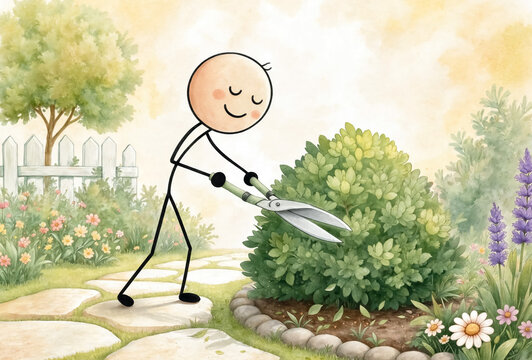 Stick figure character trimming a garden bush with large shears in a watercolor garden scene.