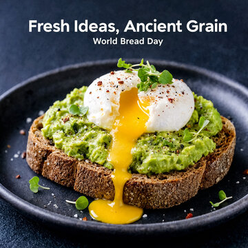 Poster for World Bread Day. A rye toast with avocado and a poached egg on a dark plate.