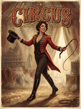 poster of circus ringmaster posing  in dusty tent