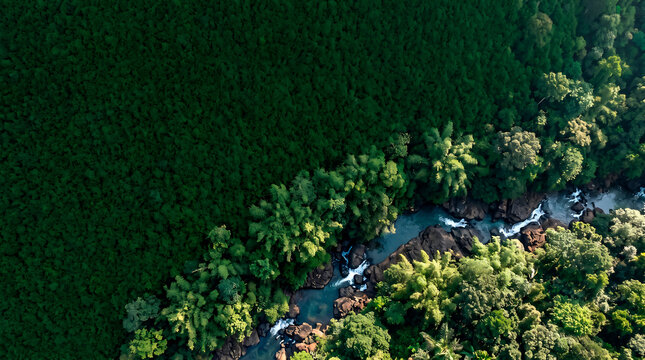 Aerial Top Down View of Dense Tropical Forest and Water Stream Flowing Through Orthogonal Basalt Riprap Rocks in the Wilderness