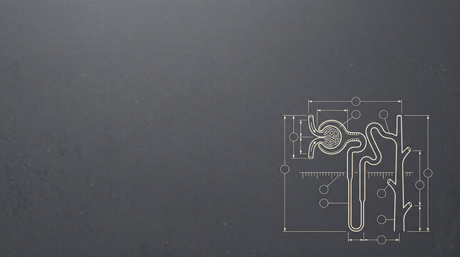 Detailed Scientific Diagram of Human Renal Nephron in Minimalist Blueprint Style on Dark Grey Background