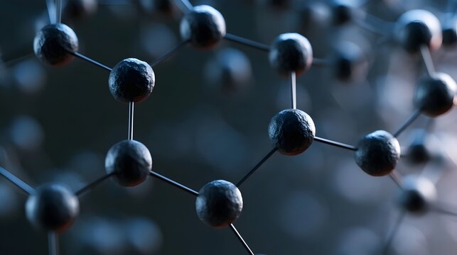 Close up of interconnected spherical nodes forming a geometric molecular structure with cool toned lighting and shallow depth of field