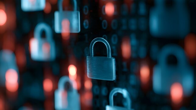 Digital locks float in a glowing cyber environment with binary code and abstract light patterns in cool blue and red tones