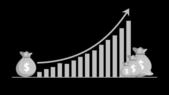 Growth chart with an arrow rising from a money bag finance success savings and investment progress animation, Rising money growth chart with savings bag
