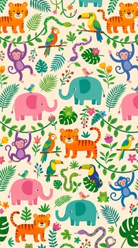 Colorful Cute Jungle Animals Seamless Pattern