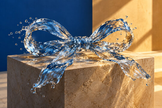 A transparent ribbon of moving clear glass ribbon sculpture on blue