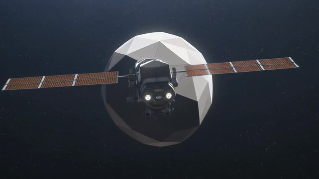 A cutting-edge extraterrestrial vehicle with expansive solar panels gracefully orbits a polygonal celestial body against a deep cosmic expanse, hinting at interstellar exploration and advanced