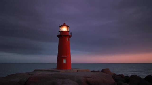 A vibrant red navigational beacon stands sentinel upon rugged coastal rocks as twilight paints the expansive ocean horizon with hues of deep purple and soft pink, its radiant lantern piercing