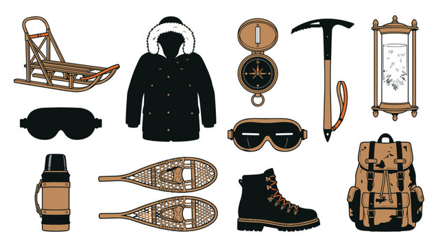 Winter expedition and survival gear set including a sled, parka, compass, ice axe, hourglass, goggles, thermos, and backpack