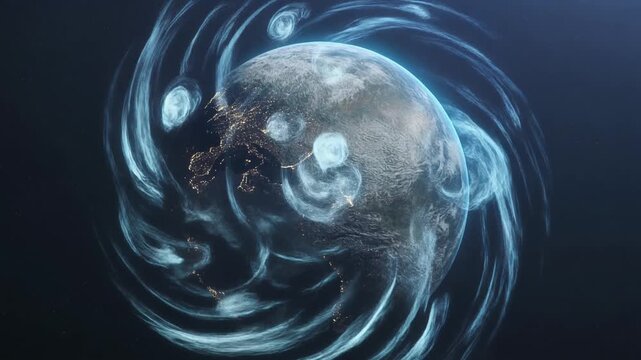 Cosmic forces swirl around a textured, desolate planetoid generating ethereal gaseous nebulae and atmospheric phenomena in the vast expanse of deep space