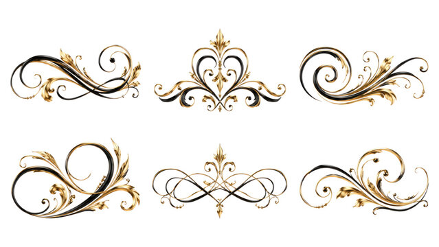 Set of six elegant gold and black ornamental flourishes and dividers with floral scrollwork