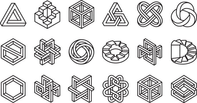 Set of eighteen abstract geometric impossible shapes, monochromatic line art vector collection for creative graphic design projects