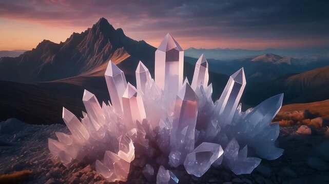 Luminous natural crystal formations emerge from the earth's terrain, bathed in the warm hues of a breathtaking sunset with majestic mountains gracing the distant horizon