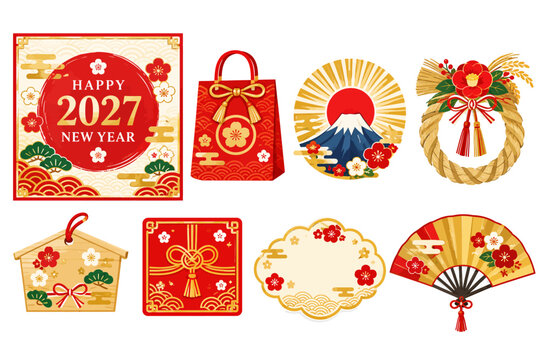 Set of Traditional Japanese New Year 2027 Celebration Icons and Decorative Elements with Mount Fuji and Floral Patterns