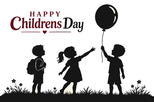 Silhouette Illustration of Children Playing with a Balloon for Happy Children's Day Celebration Design