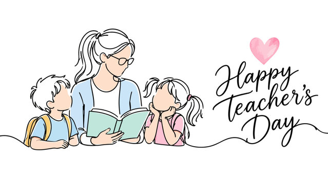 Continuous Line Art Illustration of a Teacher Reading a Book to Two Young Students for Happy Teacher's Day Celebration