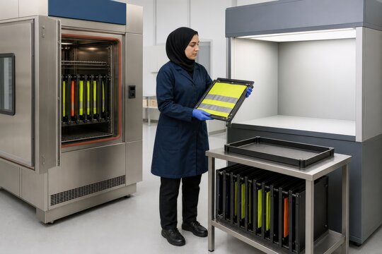 Textile colorfastness testing laboratory - workwear fabric transferred from a weathering chamber