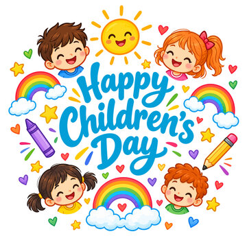 Happy Children's Day Celebration Illustration with Cute Cartoon Kids, Rainbows, Sun, and School Supplies on White Background