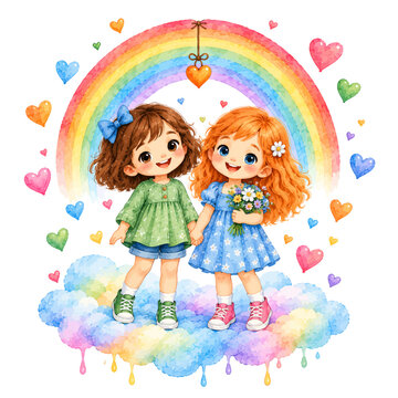 Two Cute Little Girls Holding Hands Standing on a Colorful Rainbow Cloud with Floating Hearts Watercolor Illustration