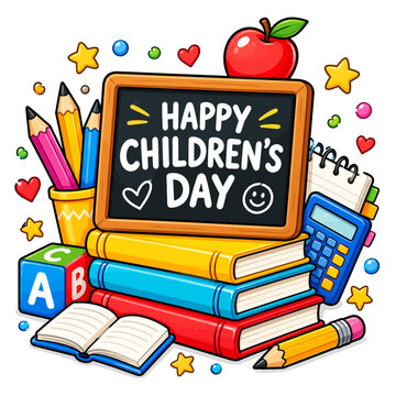 Happy Children's Day Celebration Illustration with School Supplies and Books