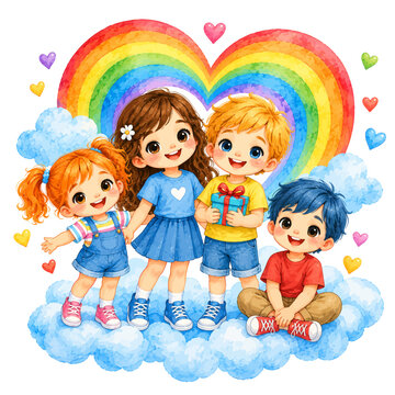 Cute Cartoon Children Standing on Clouds with a Colorful Rainbow Heart Background
