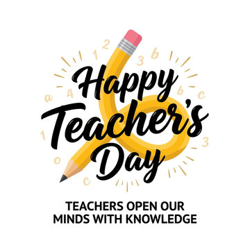 Happy Teacher's Day Greeting Card Design with Pencil Frame and School Supplies Illustration on White Background