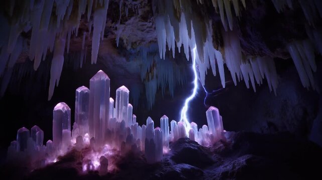 A dramatic subterranean cavern illuminated by a powerful lightning strike, revealing a dazzling collection of translucent geological formations and crystalline structures bathed in ethereal