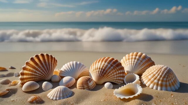 A beautiful collection of varied seashells rests upon a soft sandy shoreline with gentle waves lapping at the edge of the tranquil ocean under a clear blue sky, evoking feelings of summer
